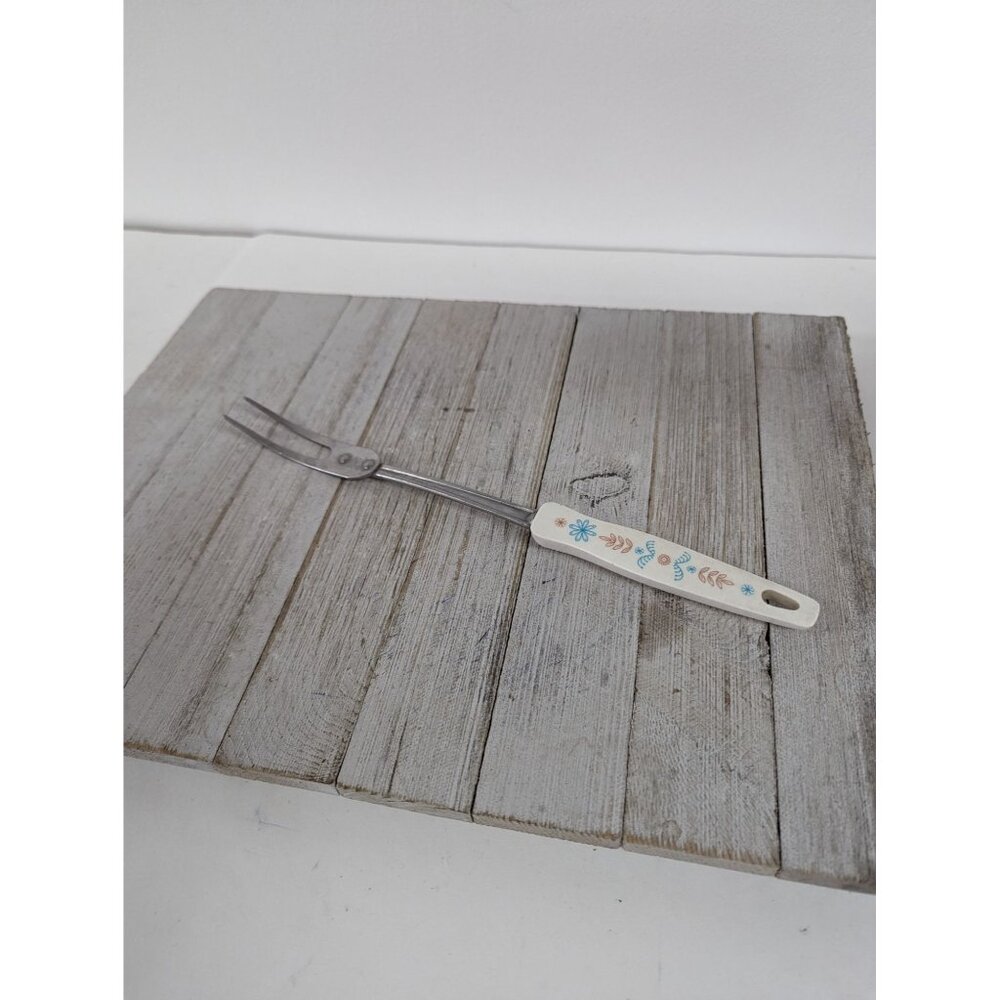 Vintage EKCO Solid Meat Utility Fork White Handle 11 3/4"